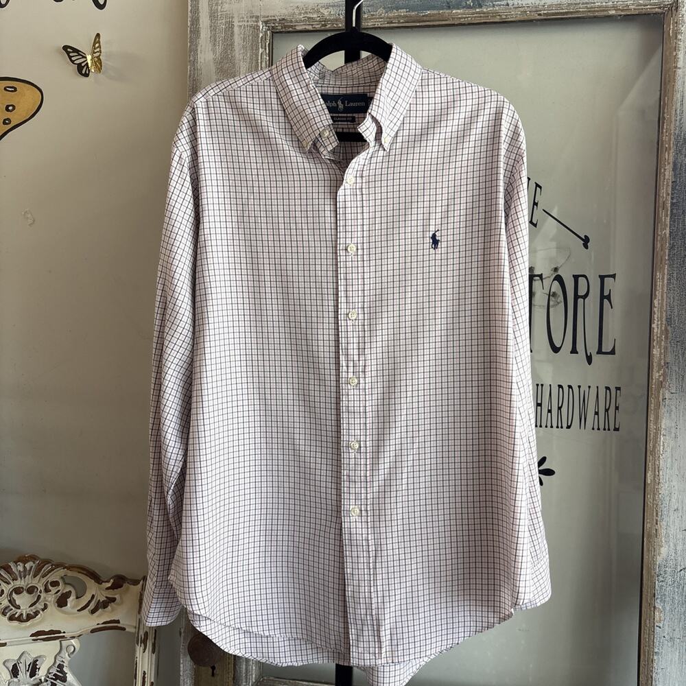 Ralph Lauren Pink & Navy Blue Gingham Classic Fit Button Down Size 16 1/2